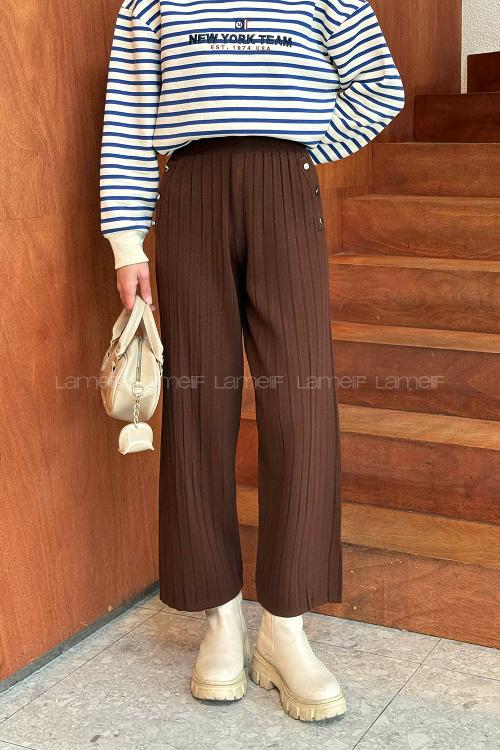 Bitter Brown Acrylic Knitwear Elastic Waist Pants