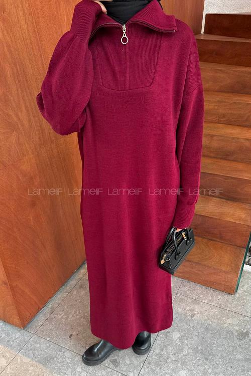 Lamelif Fermuar Detaylı Triko Elbise Bordo