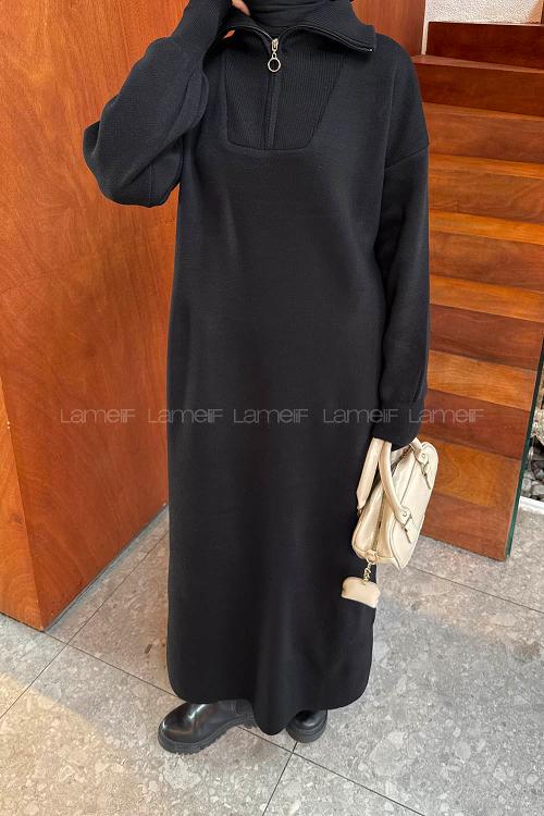 Lamelif Fermuar Detaylı Triko Elbise Siyah