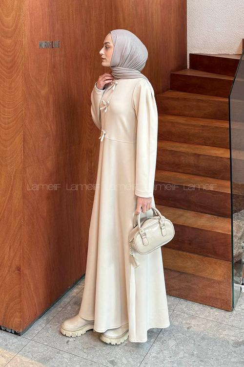 Lamelif Kurdela Detaylı Scuba Elbise Krem