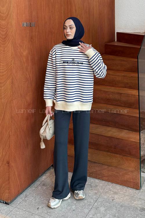Lamelif Nakışlı Çizgili Sweatshirt Lacivert