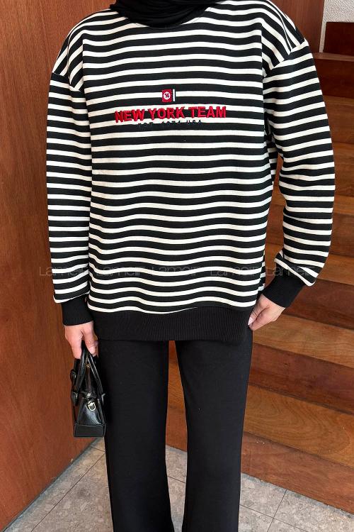 Lamelif Nakışlı Çizgili Sweatshirt Siyah