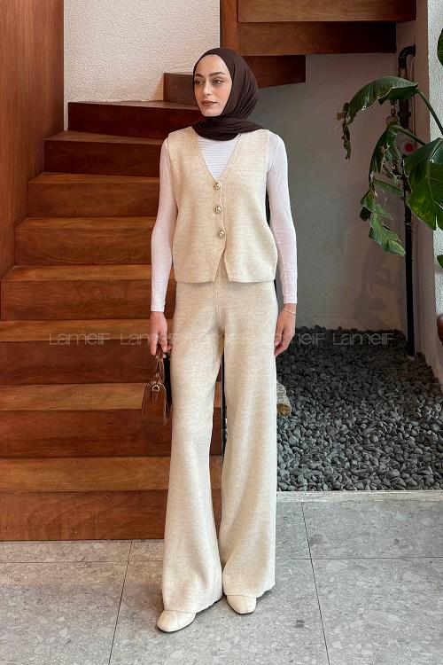 Lamelif V Yaka Yelekl Takım Bej