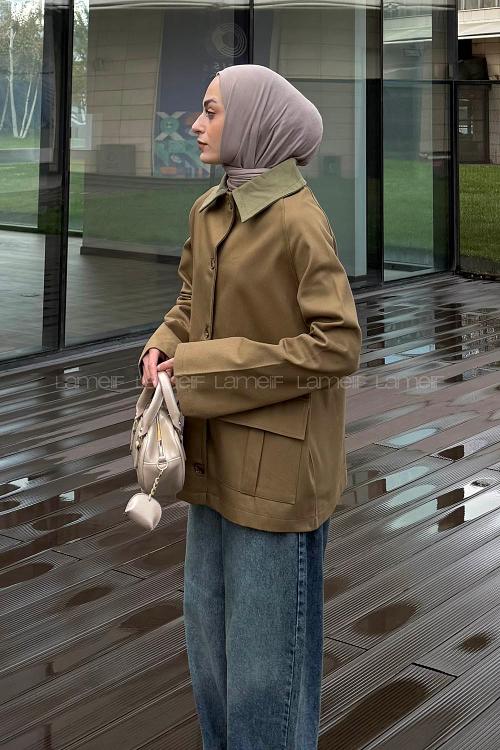 Lamelif Yaka Detaylı Parka Haki