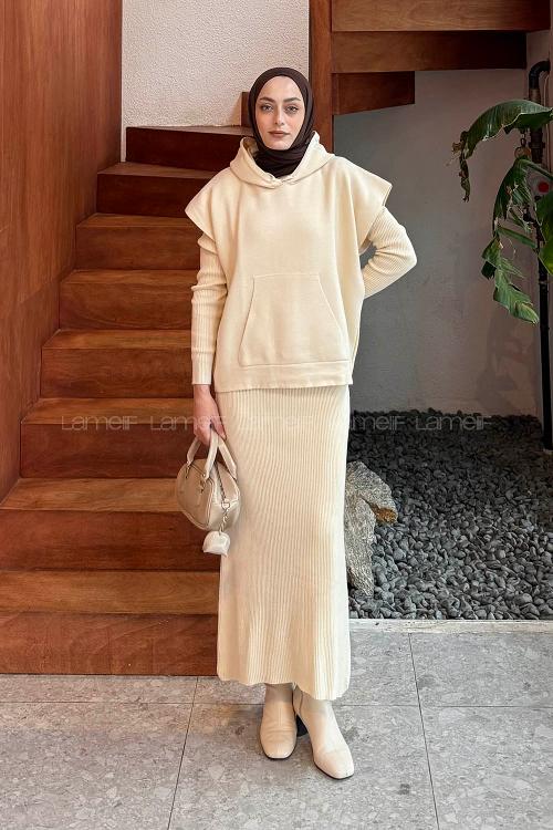 Lamelif Yelek-Jile İkili Triko Takım Bej