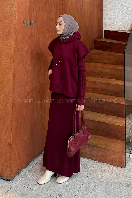 Lamelif Yelek-Jile İkili Triko Takım Bordo