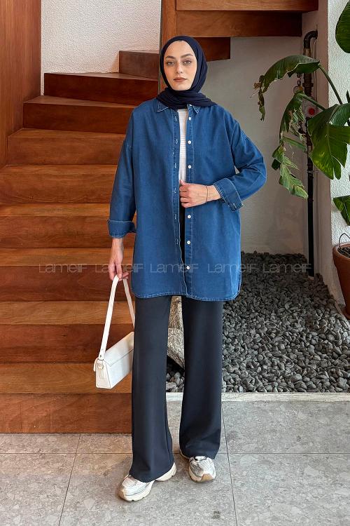 Lamelif Yırmtaçlı Gömlek Kot Mavisi