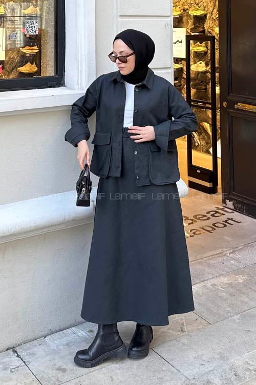 Lamelif Cep Detaylı İkili Etek  Tesettür Takım Füme