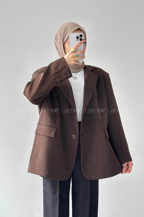 Lamelif Dekoratif Cep Detaylı Tesettür Ceket Acı Kahve