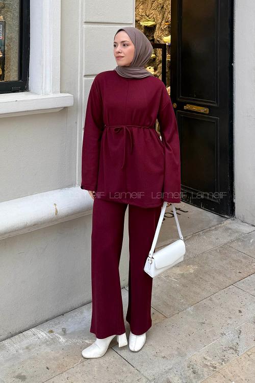 Lamelif Duble Kol Tesettür Takım Bordo