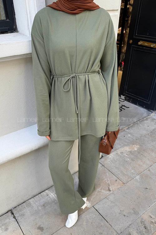 Lamelif Duble Kol Tesettür Takım Haki