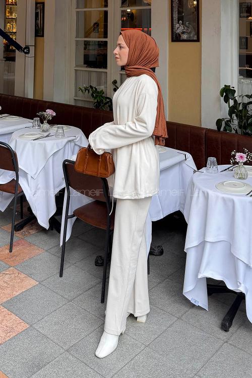 Lamelif Duble Kol Tesettür Takım Krem