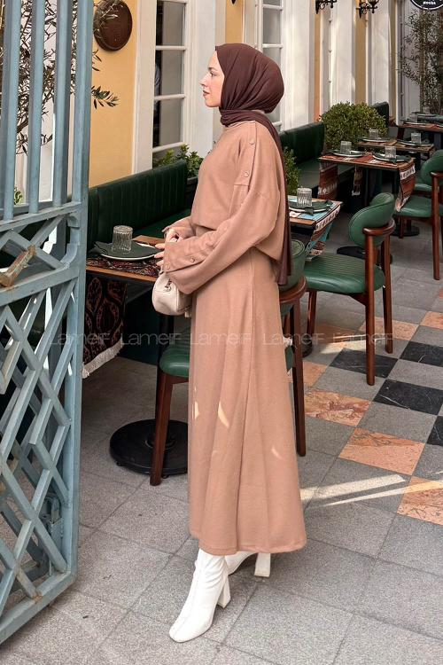 Lamelif Düğme Detaylı Etekli Takım Kahverengi