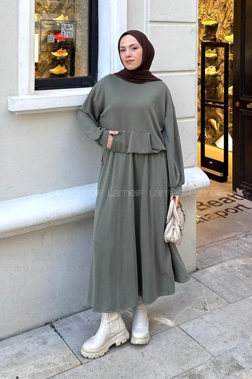 Lamelif Kanguru Cep Etekli İkili Takım Haki