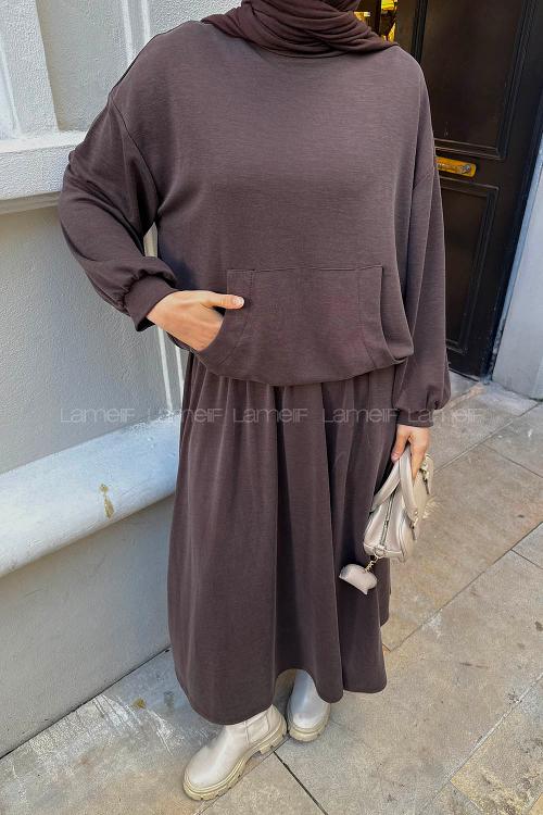 Lamelif Kanguru Cep Etekli İkili Takım Kahverengi