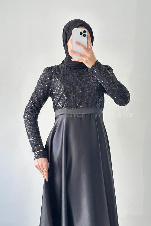 Lamelif Pul Payet Detaylı Elbise Siyah