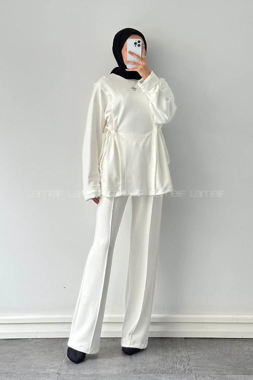 Lamelif Tünel Detaylı Taşlı Takım Beyaz