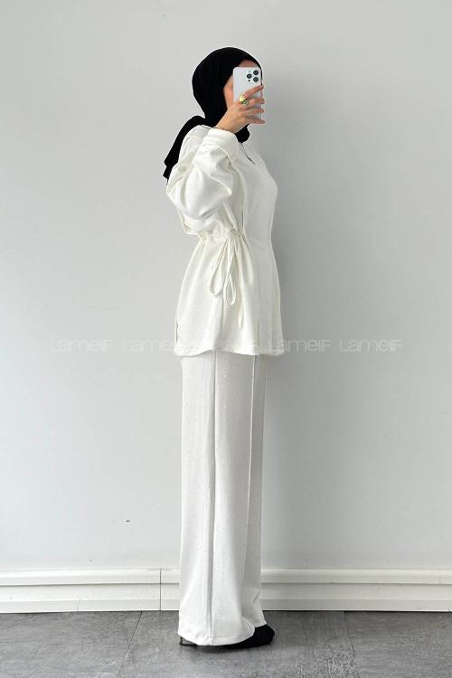 Lamelif Tünel Detaylı Taşlı Takım Beyaz