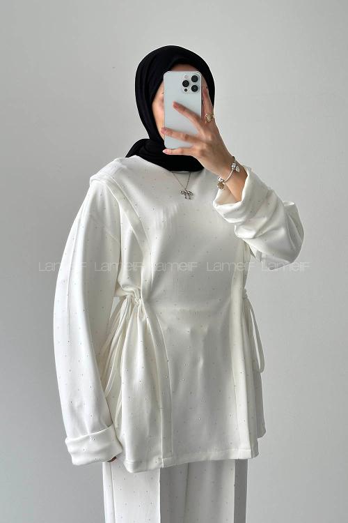 Lamelif Tünel Detaylı Taşlı Takım Beyaz