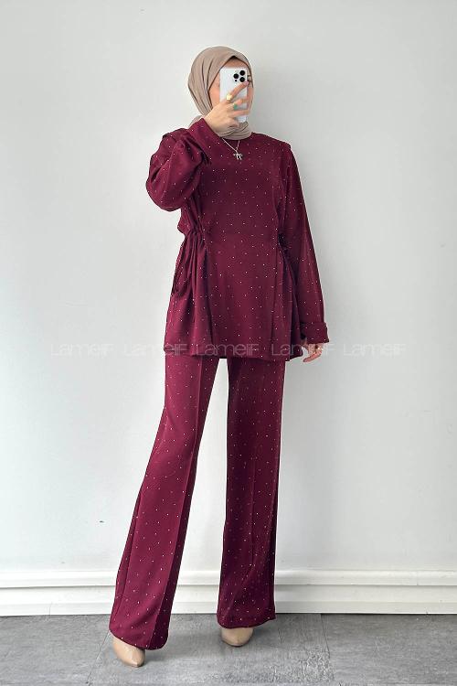 Lamelif Tünel Detaylı Taşlı Takım Bordo