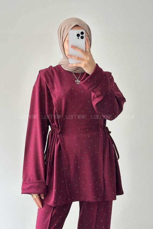 Lamelif Tünel Detaylı Taşlı Takım Bordo