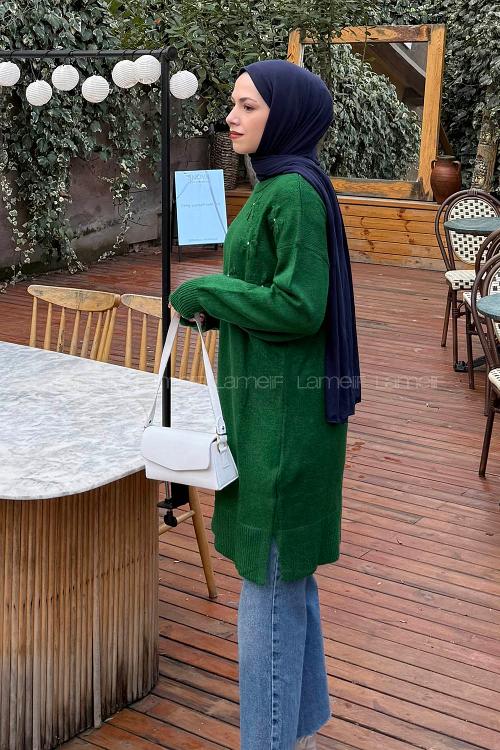 Lamelif Çiçek Detaylı Triko Kazak Çimen Yeşili