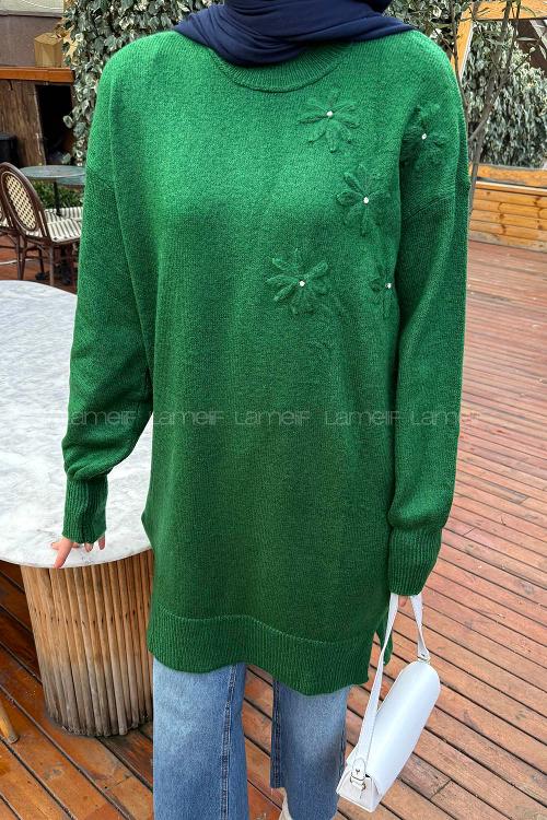 Lamelif Çiçek Detaylı Triko Kazak Çimen Yeşili
