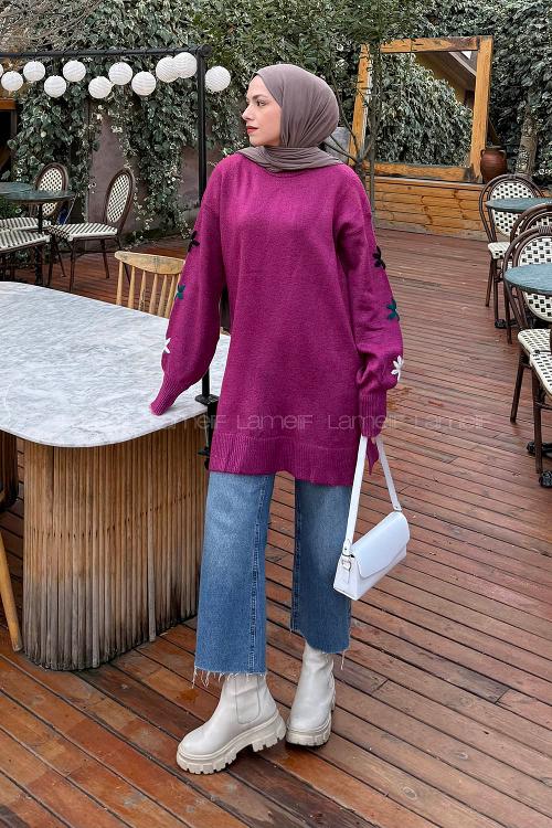 Lamelif Çiçek Detaylı Triko Kazak Fuşya