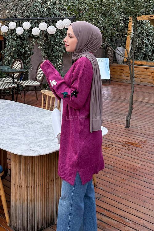 Lamelif Çiçek Detaylı Triko Kazak Fuşya