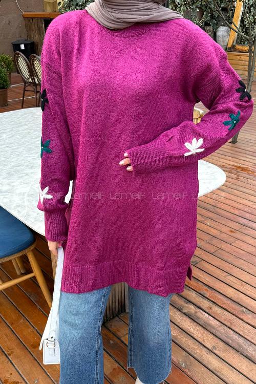 Lamelif Çiçek Detaylı Triko Kazak Fuşya