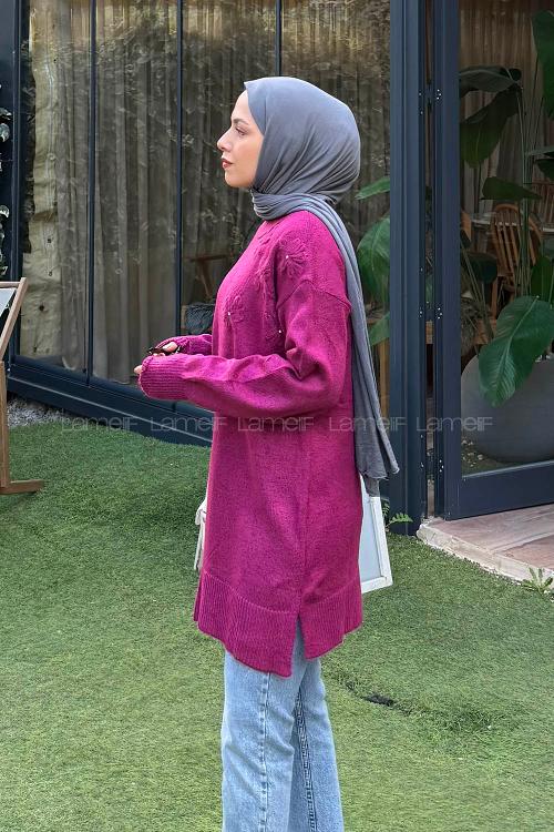 Lamelif Çiçek Detaylı Triko Kazak Fuşya