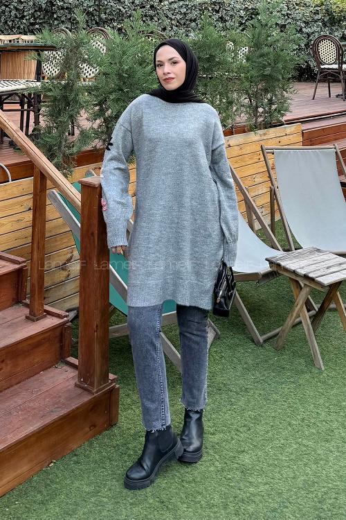 Lamelif Çiçek Detaylı Triko Kazak Gri