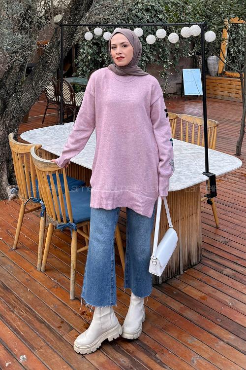 Lamelif Çiçek Detaylı Triko Kazak Lila