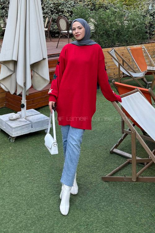 Lamelif Çiçek Detaylı Triko Kazak Nar Çiçeği