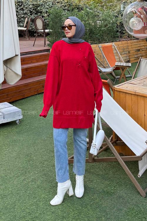 Lamelif Çiçek Detaylı Triko Kazak Nar Çiçeği