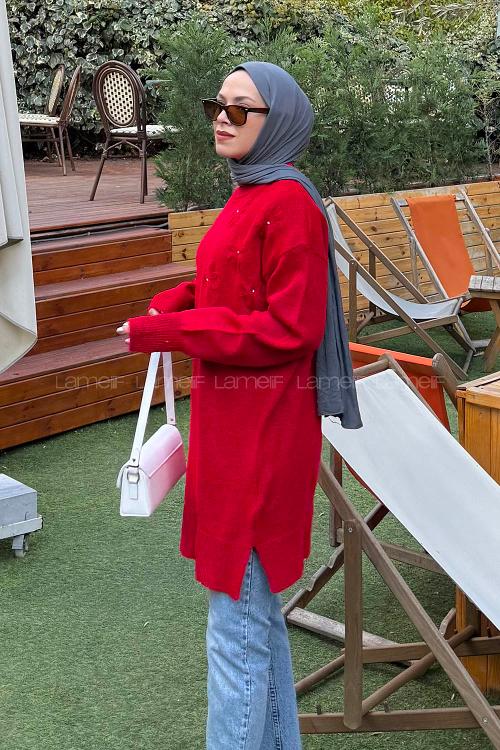 Lamelif Çiçek Detaylı Triko Kazak Nar Çiçeği