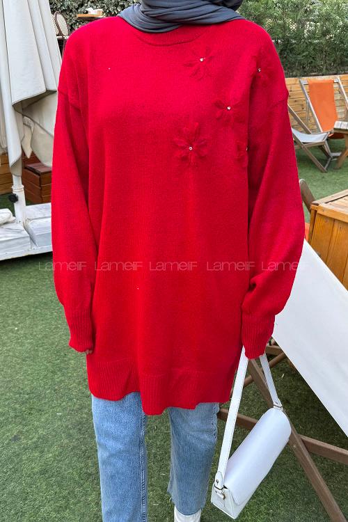 Lamelif Çiçek Detaylı Triko Kazak Nar Çiçeği