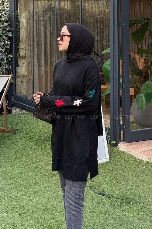 Lamelif Çiçek Detaylı Triko Kazak Siyah