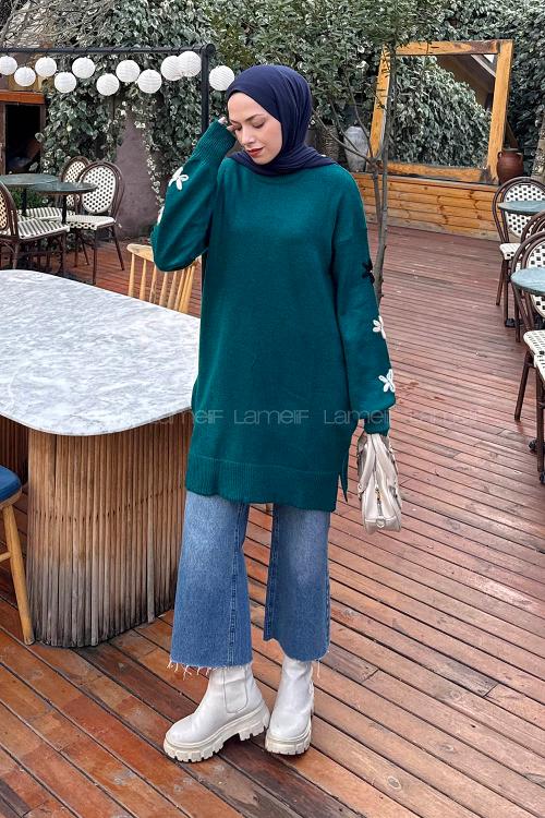 Lamelif Çiçek Detaylı Triko Kazak Zümrüt