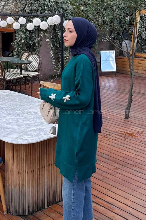 Lamelif Çiçek Detaylı Triko Kazak Zümrüt