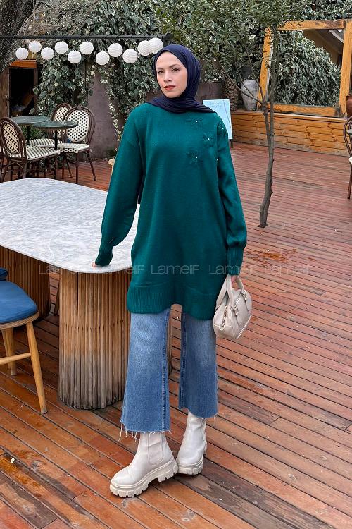 Lamelif Çiçek Detaylı Triko Kazak Zümrüt Yeşili