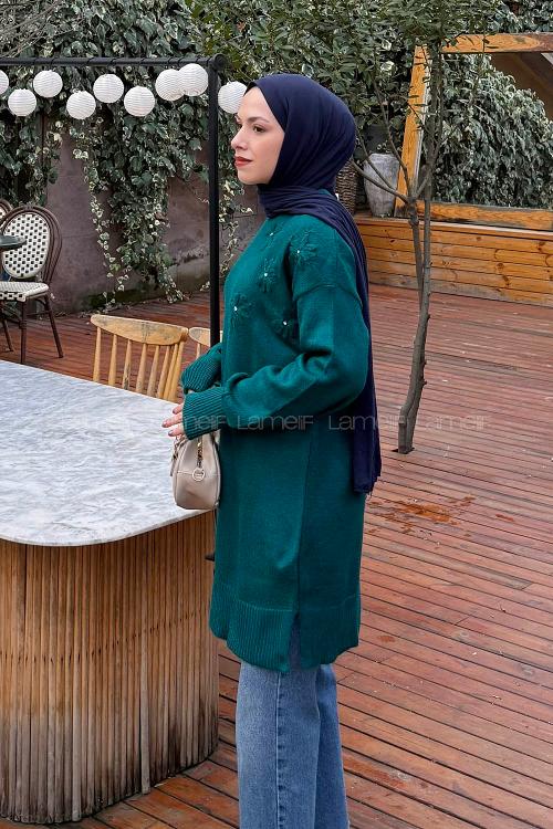 Lamelif Çiçek Detaylı Triko Kazak Zümrüt Yeşili