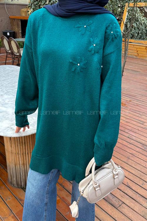 Lamelif Çiçek Detaylı Triko Kazak Zümrüt Yeşili