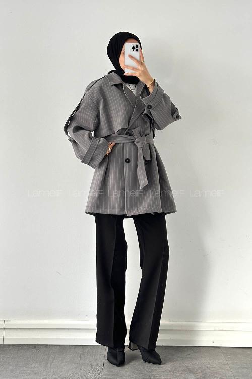 Lamelif Çizgili Omuz Apoletli Trençkot Antrasit