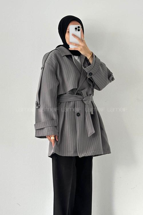Lamelif Çizgili Omuz Apoletli Trençkot Antrasit
