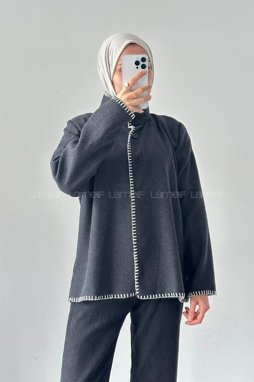 Lamelif Dikiş Detaylı Panço Antrasit