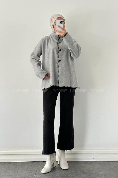 Lamelif Dikiş Detaylı Panço Gri