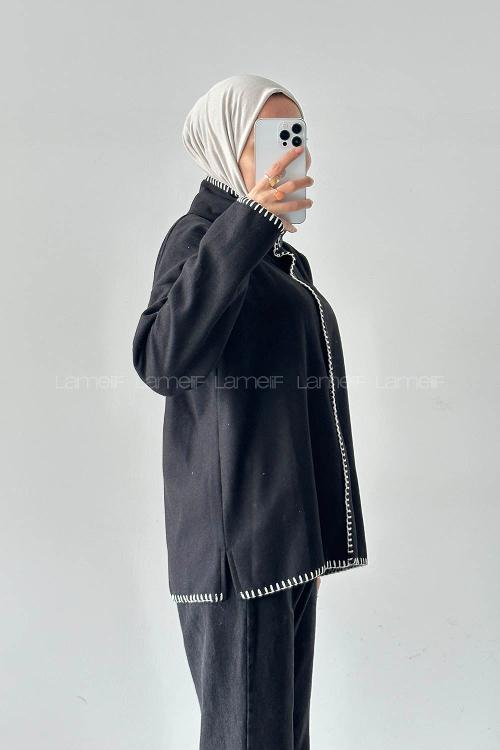 Lamelif Dikiş Detaylı Panço Siyah