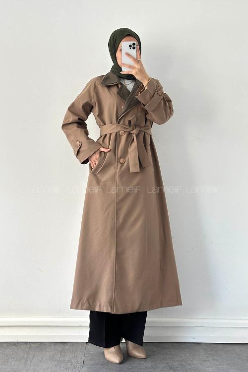 Camel Long Arm Belted Poplin Fabric Trench Coat