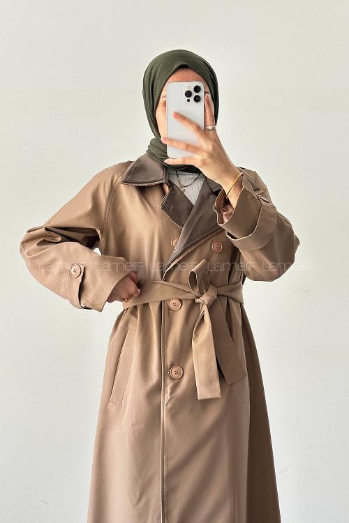 Camel Long Arm Belted Poplin Fabric Trench Coat